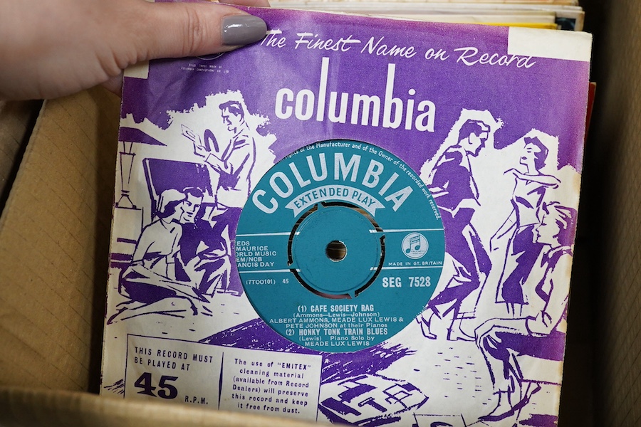 Four boxes of 7 inch singles, record labels include; Columbia, Parlophone, RCA, London, Brunswick, HMV, etc., artists include; Hank Williams, Ray Charles, the righteous brothers, Bill Haley and His Comets, Chuck Berry, A